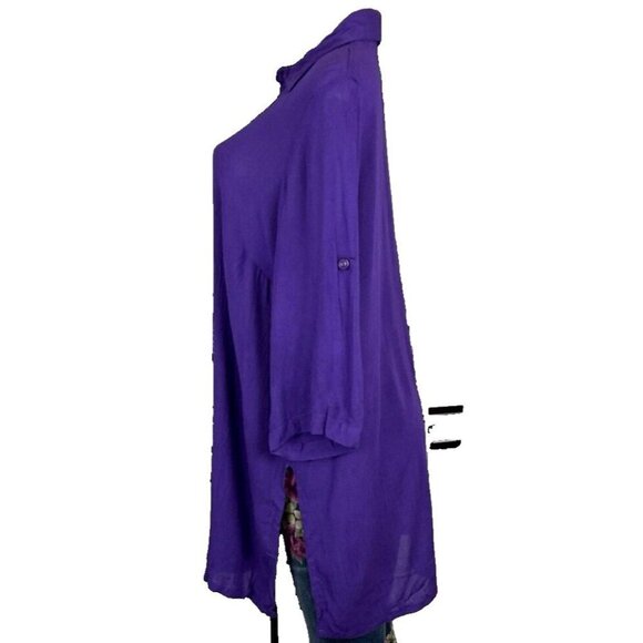 Roaman's 12W Purple Semi-Sheer Button Collar Roll-Tab 3/4 Sleeve Tunic Blouse - Picture 5 of 6